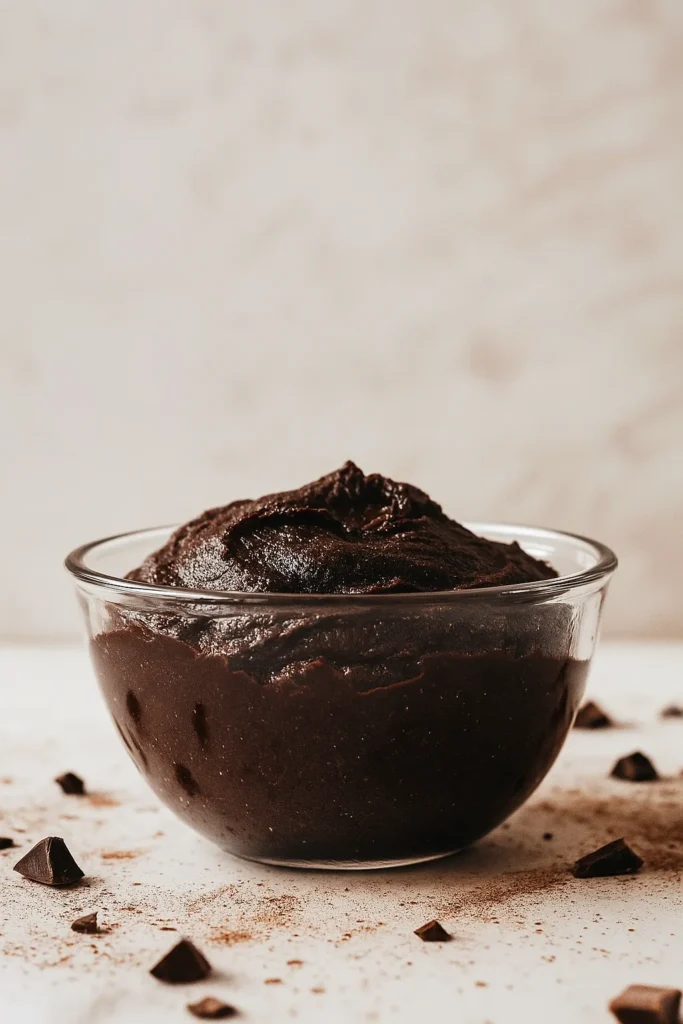 Glass bowl with chocolate cookie dough and cocoa dust on white surface