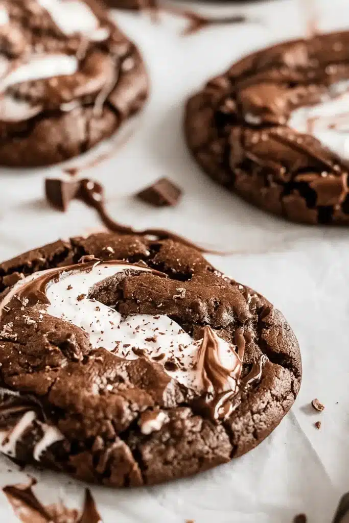 Close-up of gooey chocolate marshmallow swirl cookies on parchment paper