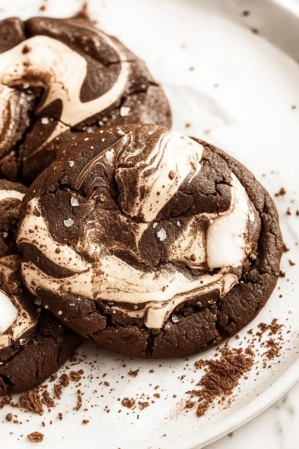 home 6 Chocolate marshmallow swirl cookies on a white plate with gooey melted marshmallow