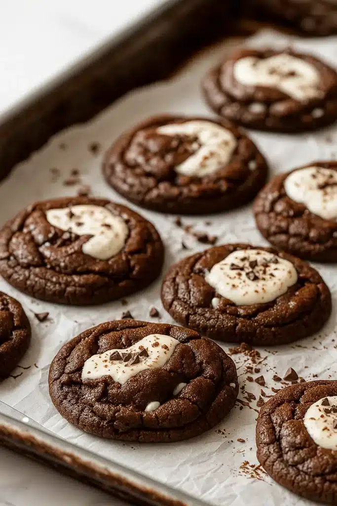 Freshly baked chocolate marshmallow swirl cookies on parchment-lined tray