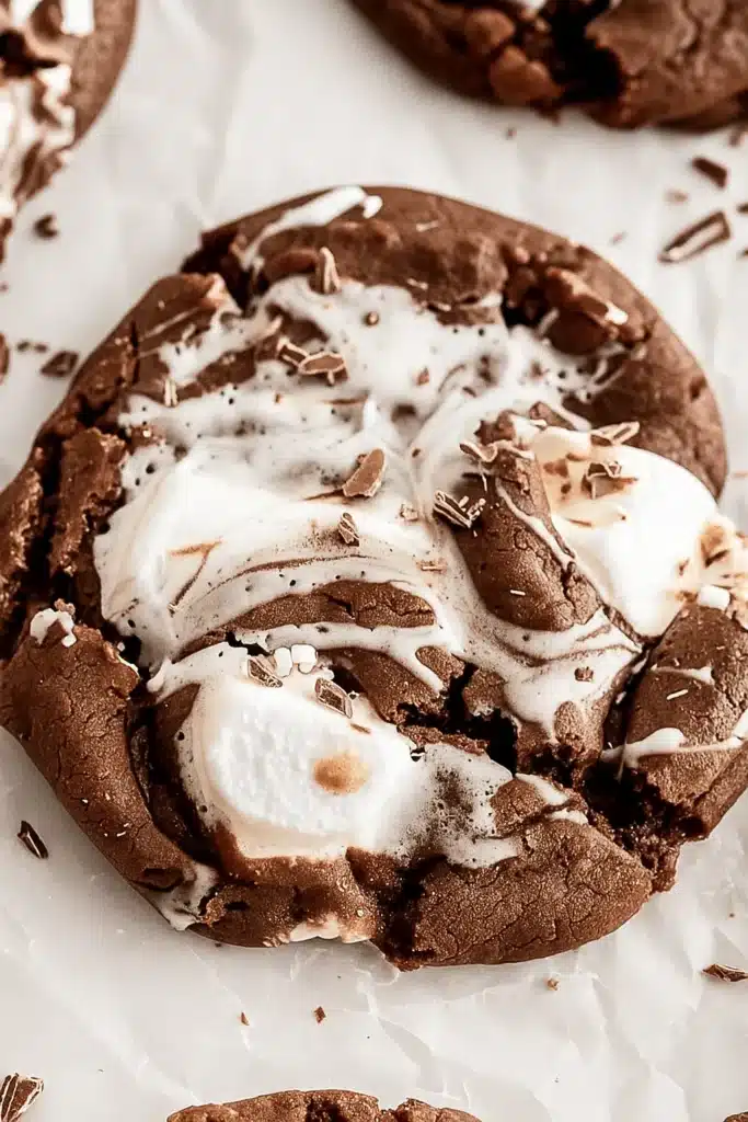Close-up of gooey chocolate marshmallow swirl cookies with toasted tops