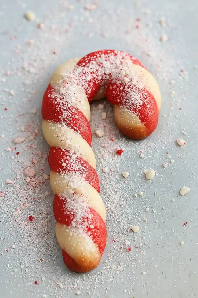 Red and white candy cane cookie with peppermint sugar on metal tray