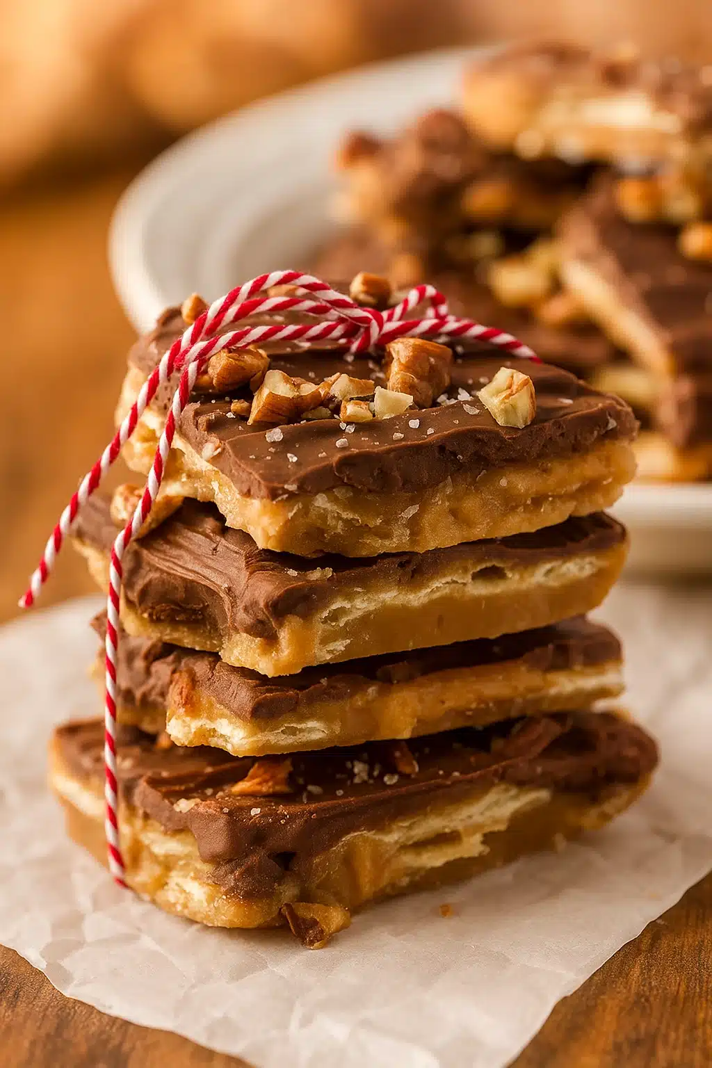 Stack of Christmas Crack saltine toffee with chocolate and pecans tied with holiday string