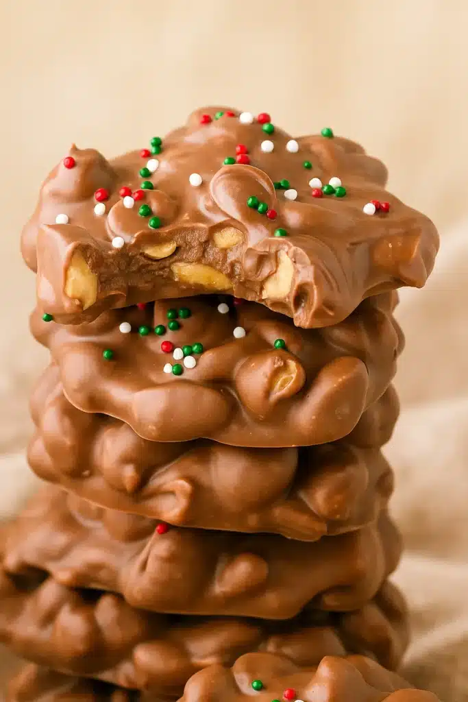 Christmas crock pot candy cluster with a bite showing peanuts and festive sprinkles