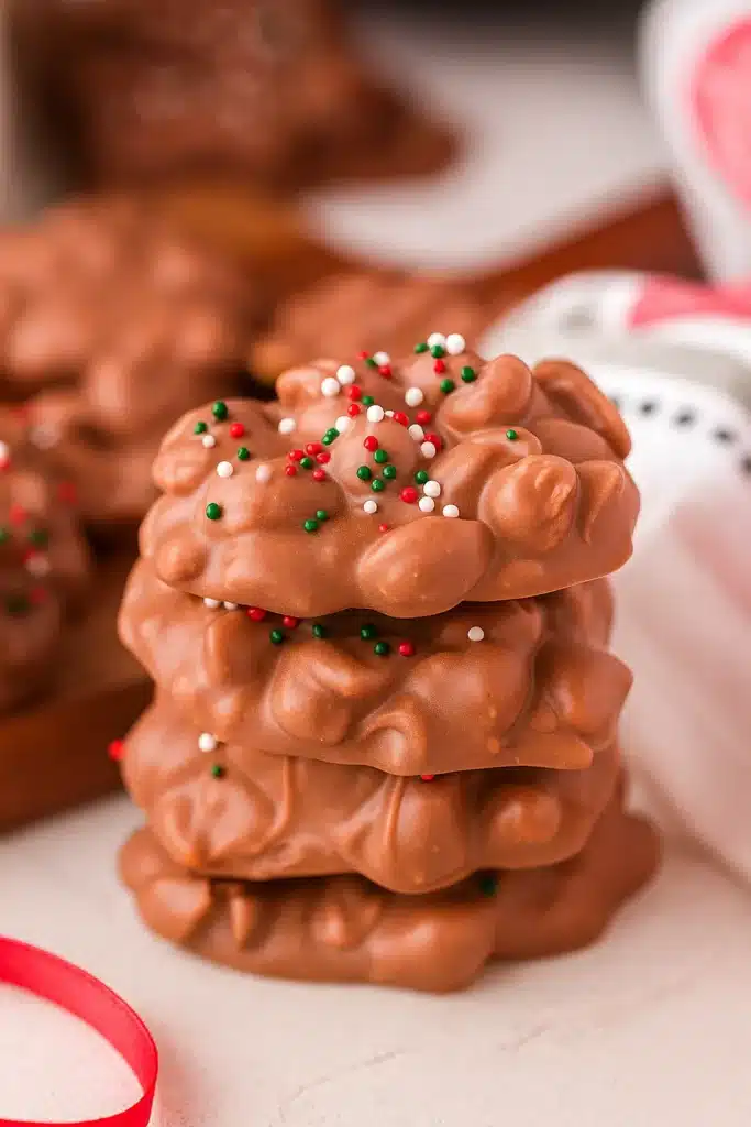 Christmas crock pot candy peanut clusters with festive sprinkles stacked on a table