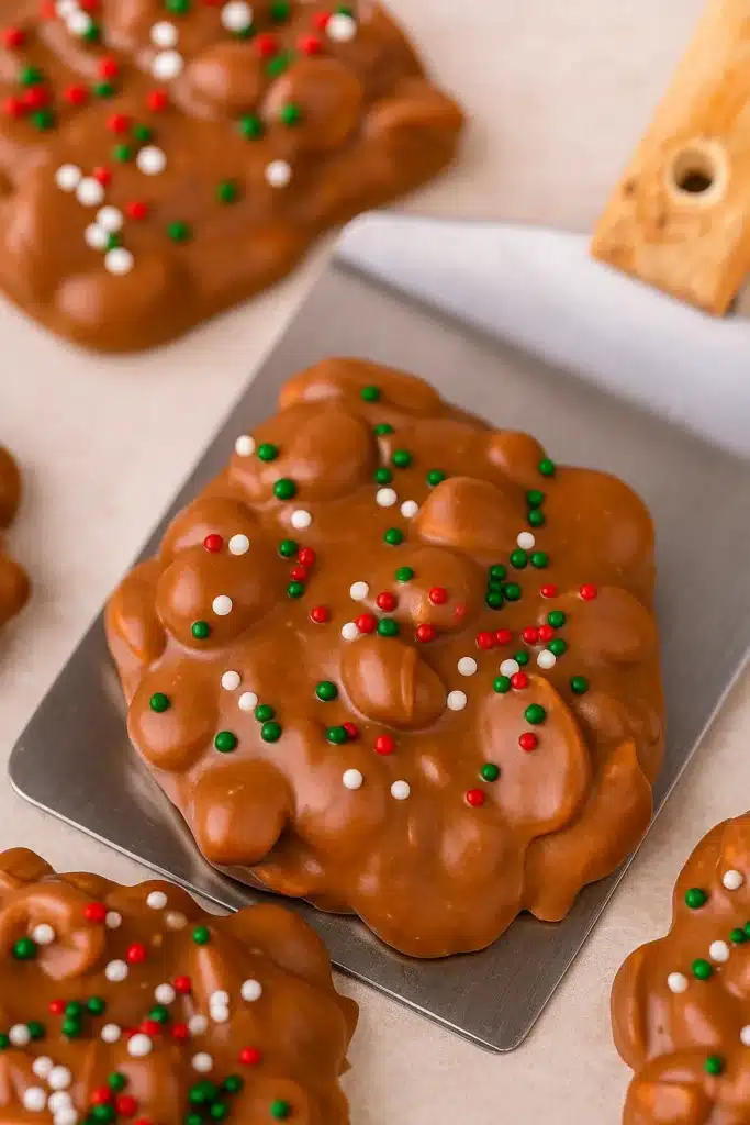 Christmas crock pot candy clusters on parchment with sprinkles and spatula