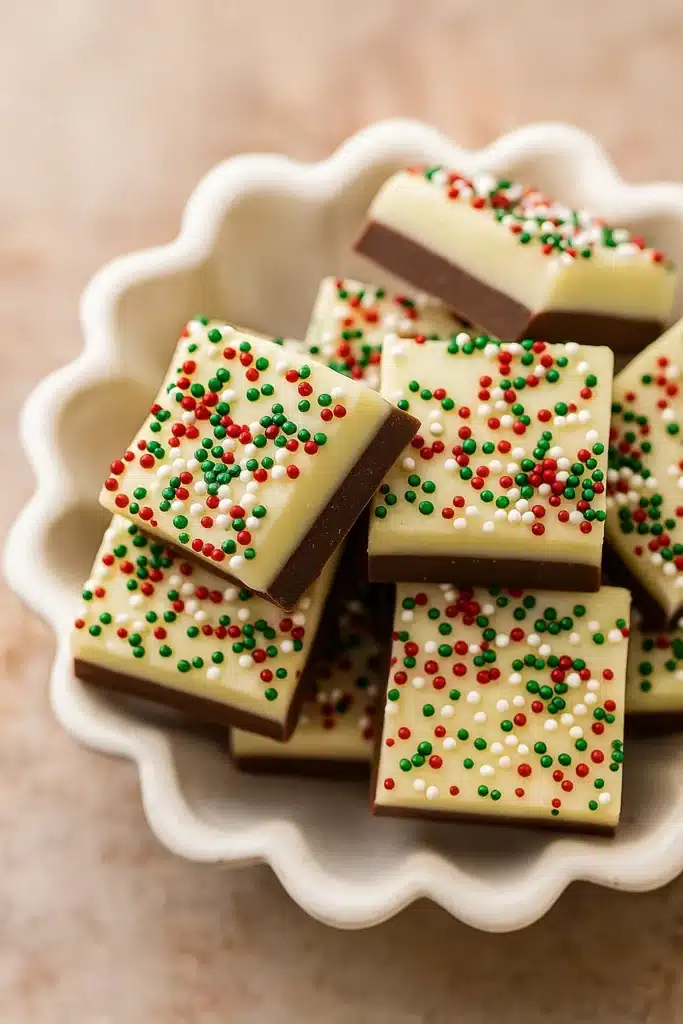 The Best Christmas Fudge Recipe in a white bowl with festive sprinkles