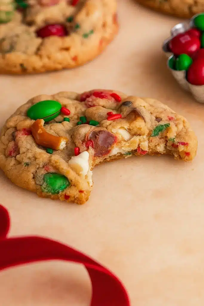 Christmas Kitchen Sink Cookies – Easy, Fun & Festive Treat 10 Chewy Christmas Kitchen Sink Cookie with festive mix-ins and a bite taken out