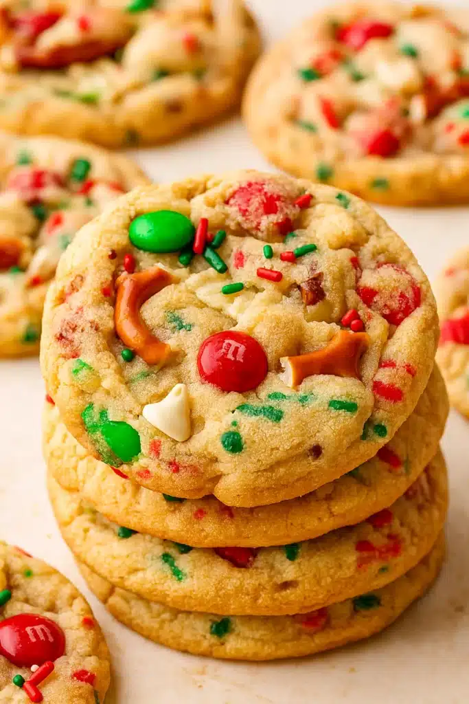 Christmas Kitchen Sink Cookies – Easy, Fun & Festive Treat 11 Christmas Kitchen Sink Cookies stacked with M&M’s, pretzels, and festive sprinkles