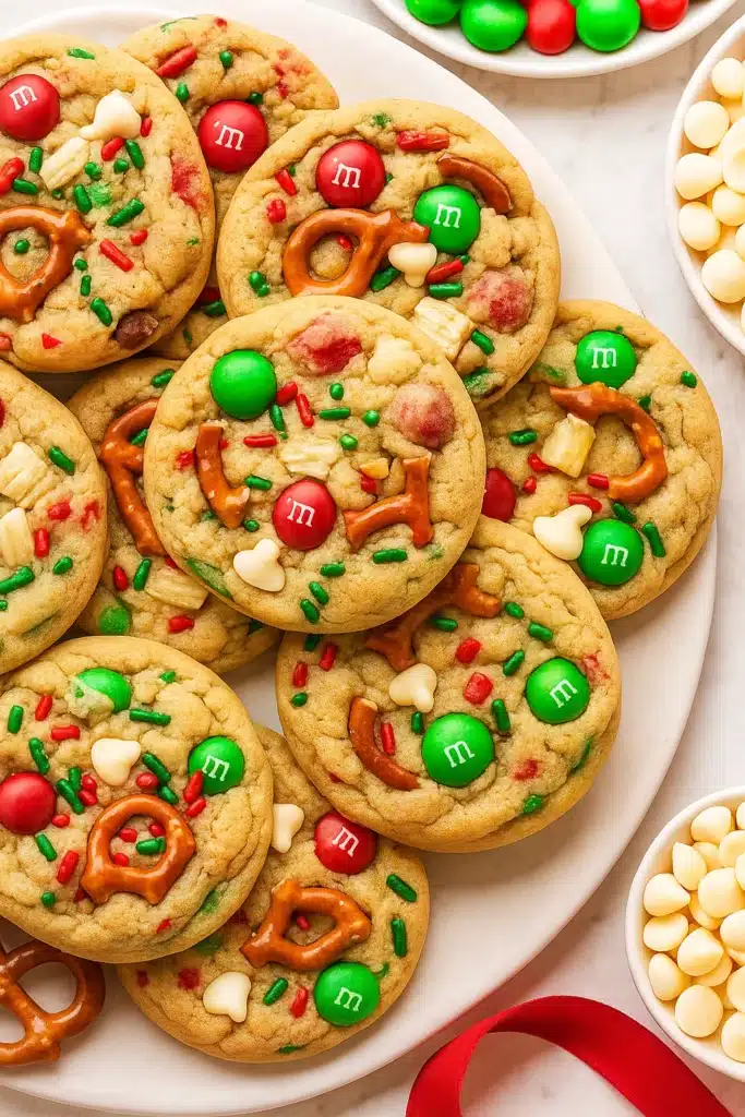 Christmas Kitchen Sink Cookies – Easy, Fun & Festive Treat 13 Plate of Christmas Kitchen Sink Cookies with festive mix-ins and bright holiday colors