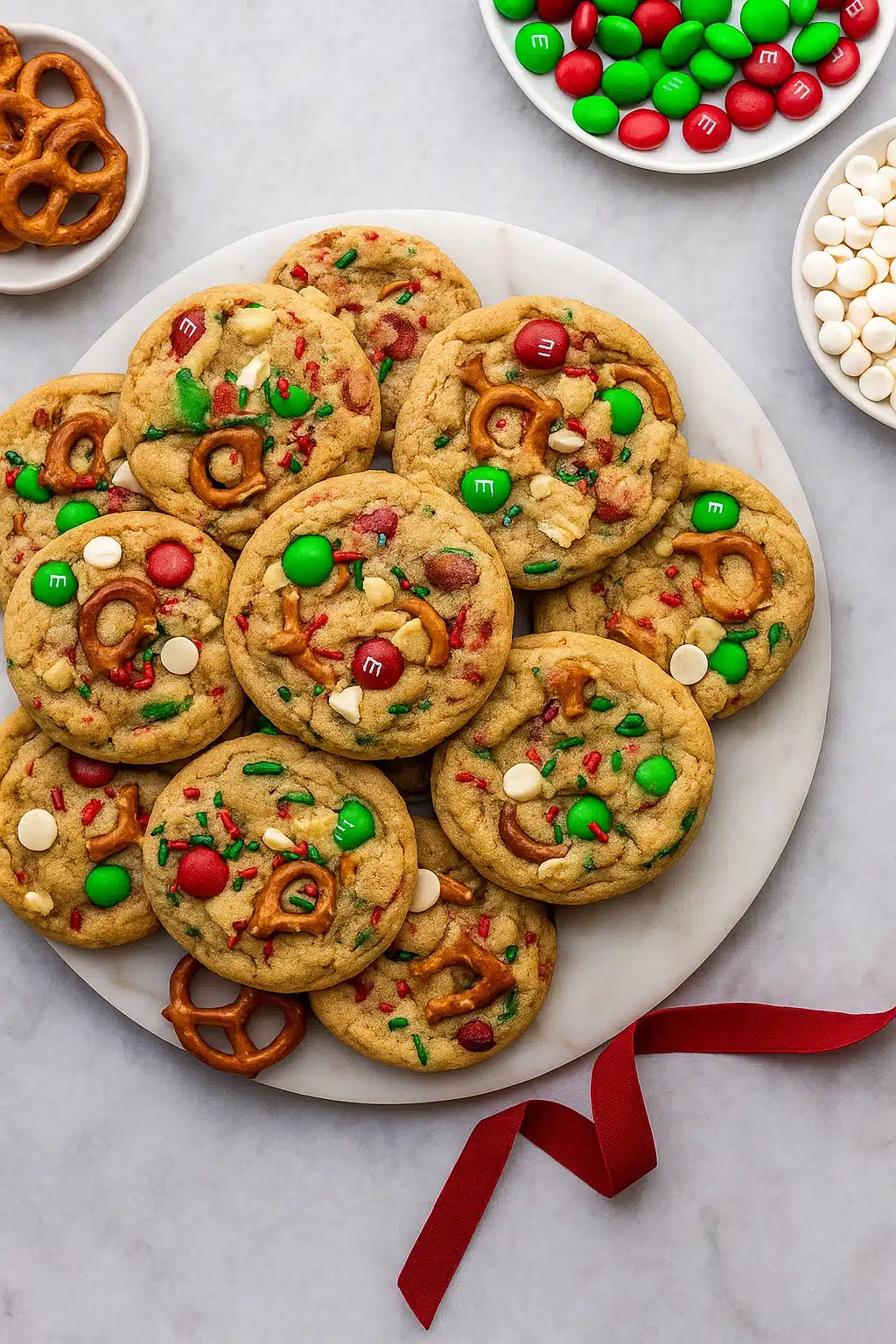 Christmas Kitchen Sink Cookies with M&M’s, pretzels, and white chocolate chips on a festive plate