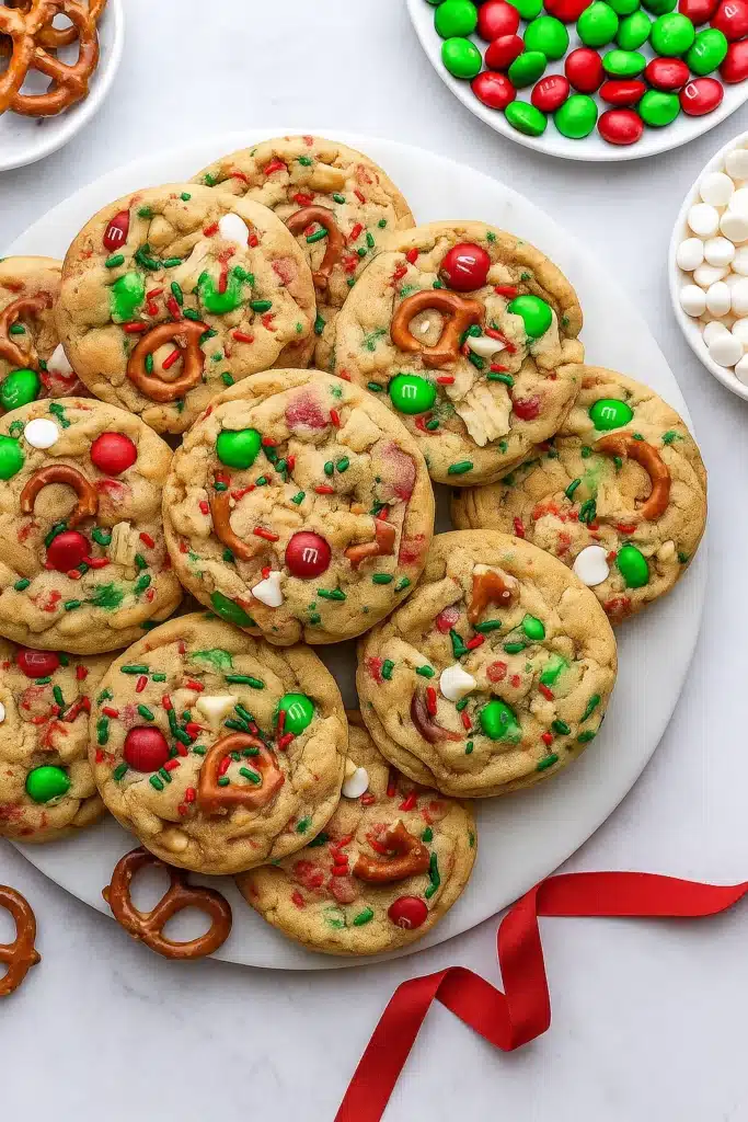 Christmas Kitchen Sink Cookies with M&M’s, pretzels, and white chocolate chips on a festive plate