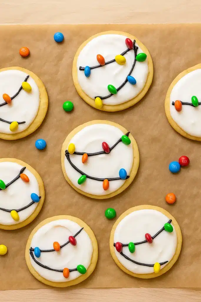 Christmas Lights Cookies – Easy, Festive, and Fun 8 Christmas Lights Cookies on parchment with colorful candies and white icing