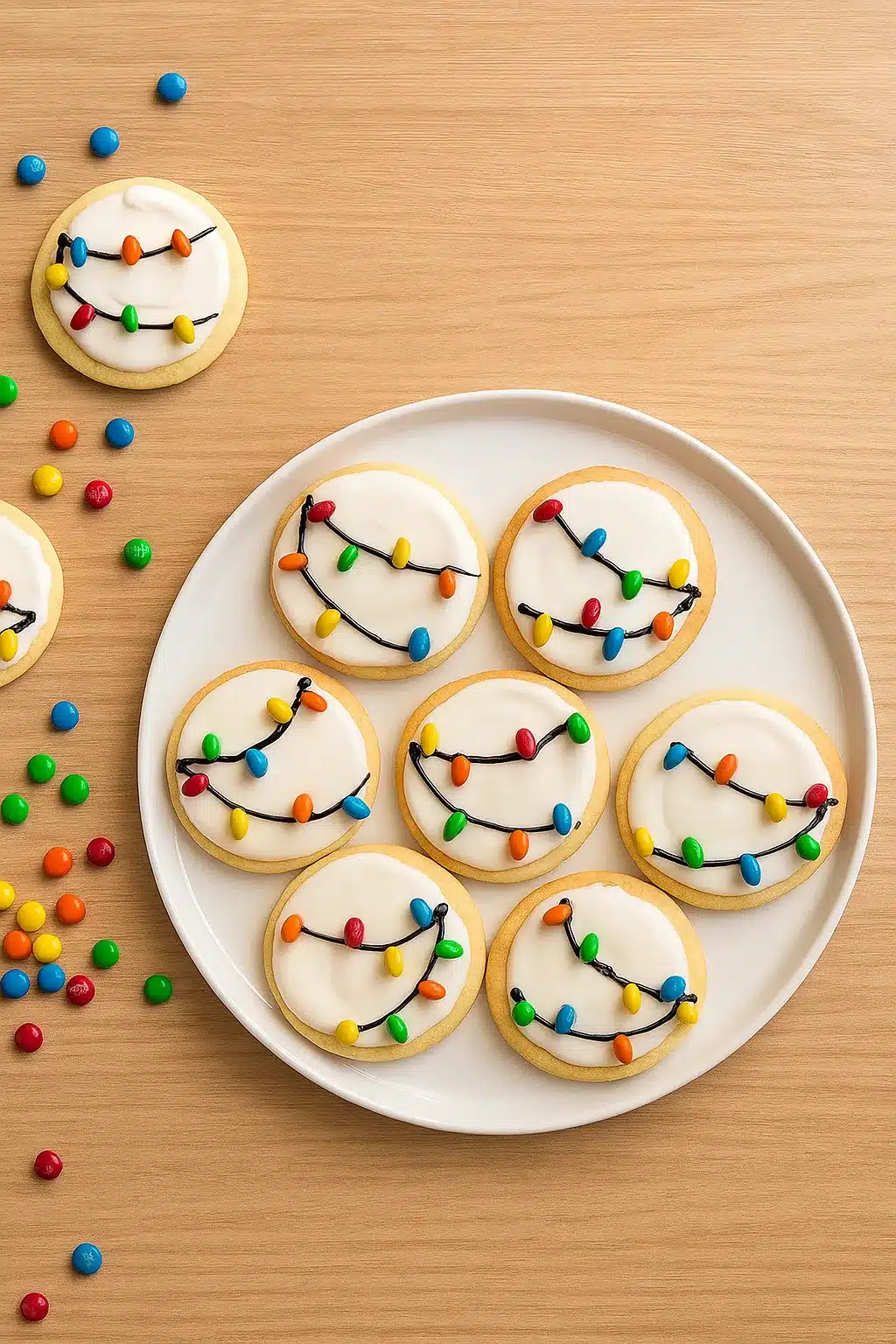 home 7 Christmas Lights Cookies decorated with colorful candies and royal icing on a white plate