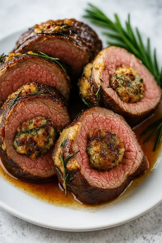Christmas stuffed beef tenderloin slices with herb butter filling on a white-gray table