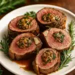 Christmas stuffed beef tenderloin slices with herb filling on a white plate
