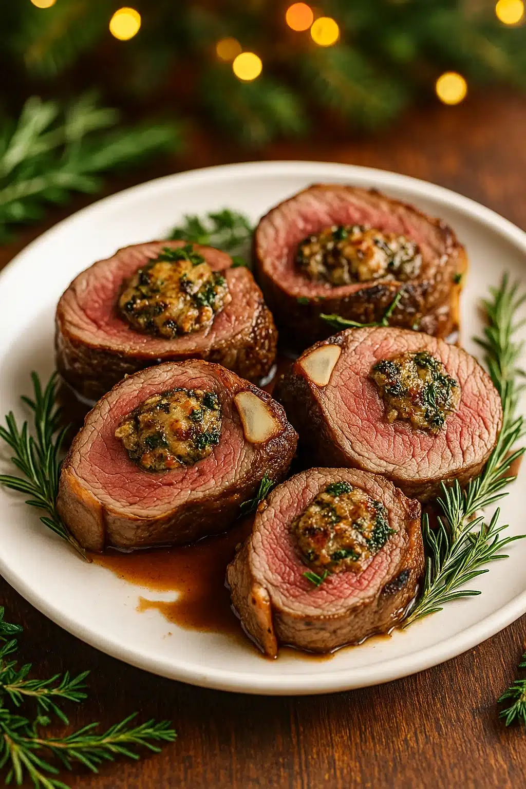 Christmas stuffed beef tenderloin slices with herb filling on a white plate