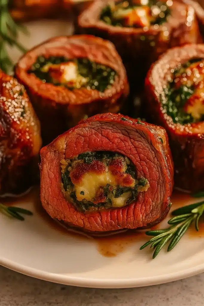 Christmas stuffed beef tenderloin with herb and cheese filling on a white-gray table