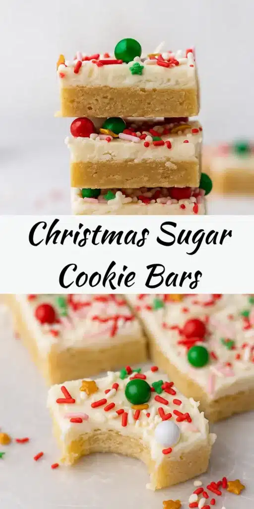 Christmas Sugar Cookie Bars – Soft, Sweet & Irresistible 19 Stack of Christmas sugar cookie bars with frosting and sprinkles, plus one with a bite taken out
