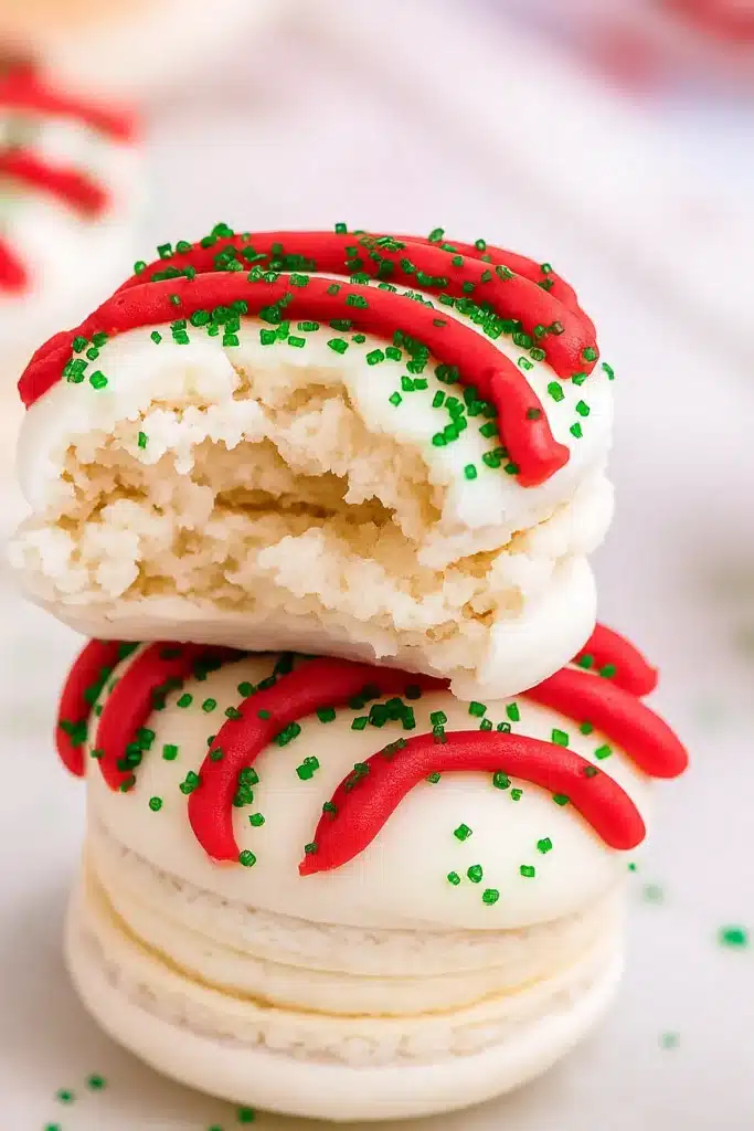 Christmas Tree Cake Macaron with bite showing chewy inside