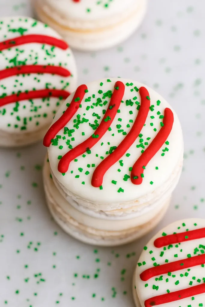 Christmas Tree Cake Macaron decorated with red drizzle and green sprinkles