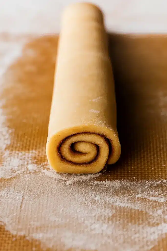 Rolled cookie dough log with cinnamon swirl on floured baking mat