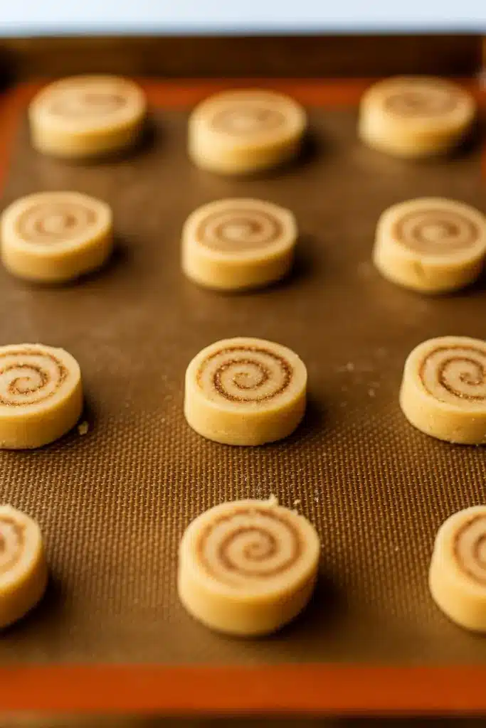 Unbaked cinnamon roll cookies on silicone baking mat before baking