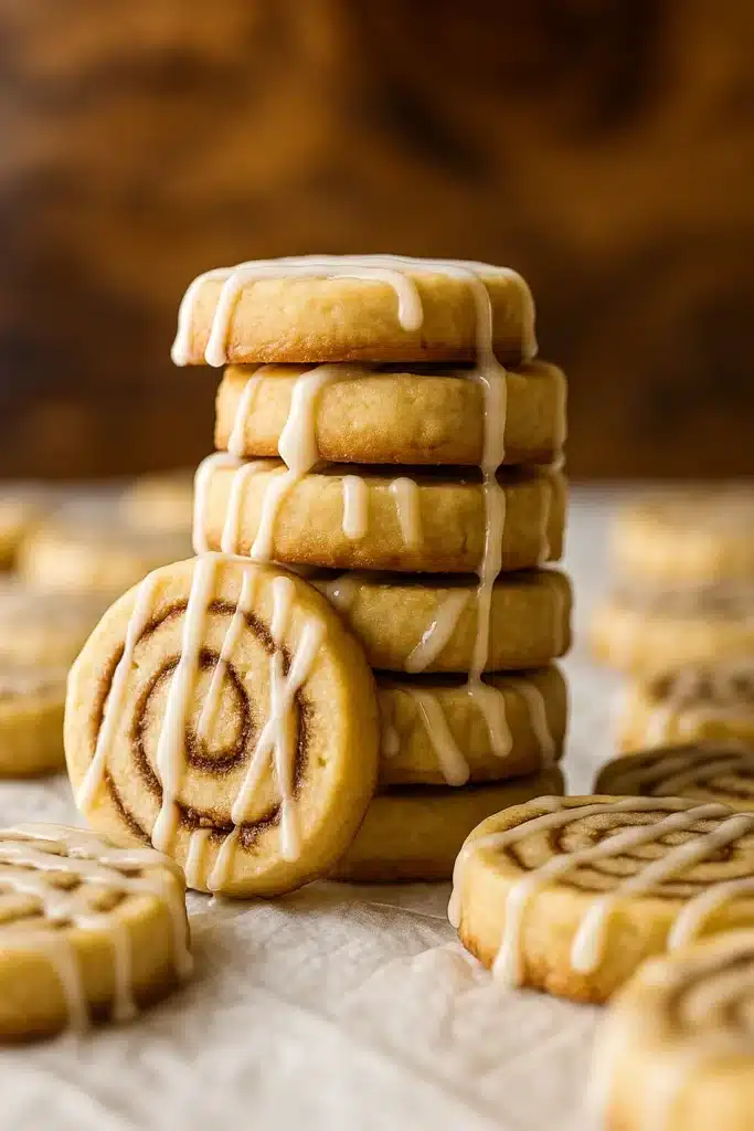 Stack of cinnamon roll cookies with vanilla icing drizzle on parchment