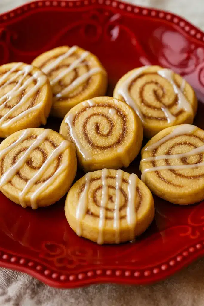 Cinnamon Roll Cookies on Red Plate with Vanilla Icing
