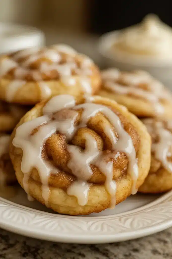 Cinnamon Roll Cookies – Soft, Swirled & Irresistibly Cozy 7 Close-up of cinnamon roll cookies with icing on white plate