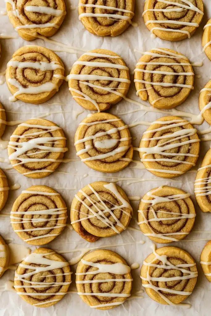 Cinnamon roll cookies with vanilla icing drizzle on baking sheet
