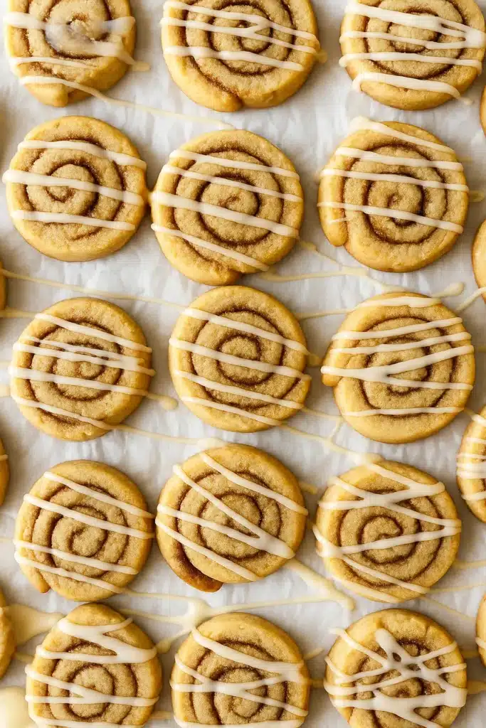 Cinnamon roll cookies with vanilla icing drizzle on baking sheet