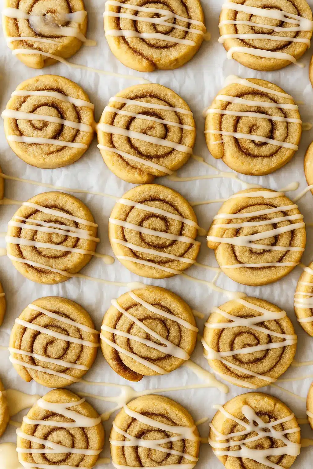 Cinnamon roll cookies with vanilla icing drizzle on baking sheet