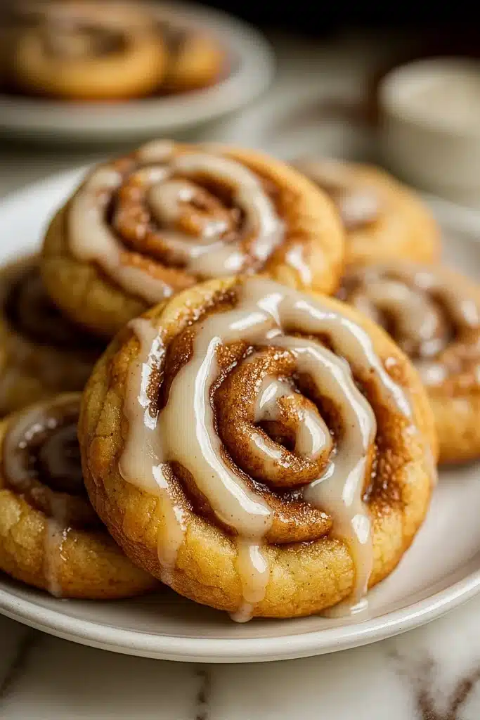 Cinnamon Roll Cookies – Soft, Swirled & Irresistibly Cozy 8 Cinnamon roll cookies with icing on white plate
