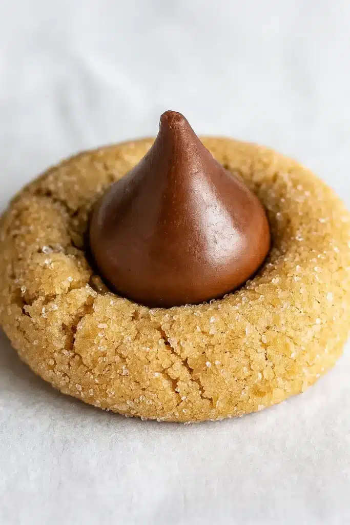 Classic Peanut Butter Blossoms close-up with chocolate kiss center