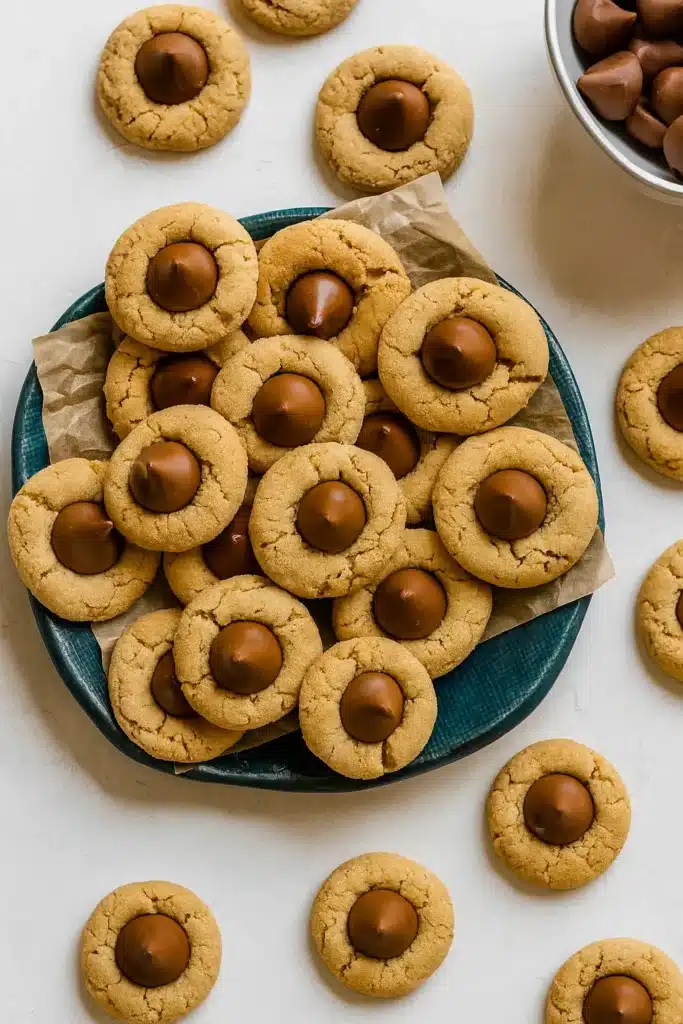 Classic Peanut Butter Blossoms in blue bowl with chocolate kisses