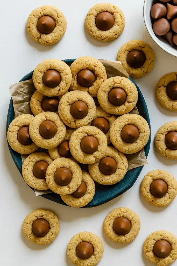 Classic Peanut Butter Blossoms in blue bowl with chocolate kisses