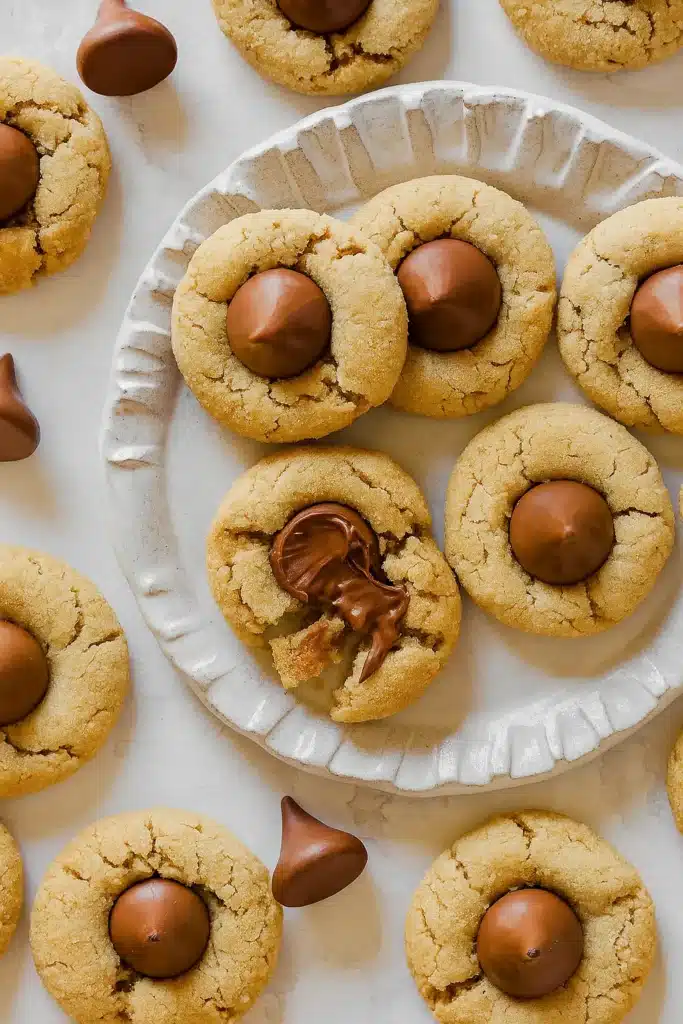 Classic Peanut Butter Blossoms on white plate with melted chocolate center