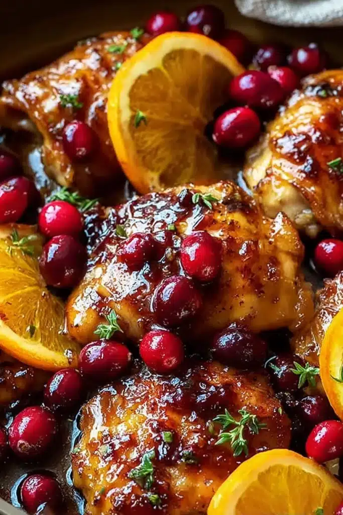Cranberry Orange Chicken | Easy & Delicious Holiday Recipe 9 Cranberry orange chicken close-up with oranges and cranberries in skillet