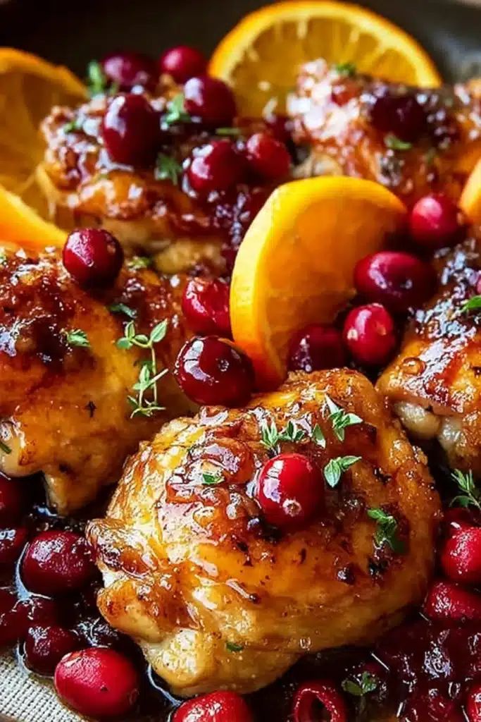 Cranberry Orange Chicken | Easy & Delicious Holiday Recipe 8 Cranberry orange chicken close-up with oranges and cranberries in skillet