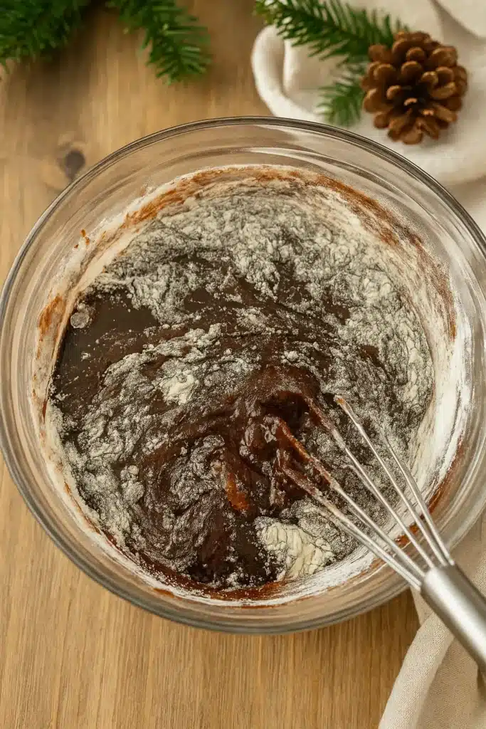 Mixing flour into chocolate brownie batter for easy Christmas brownies