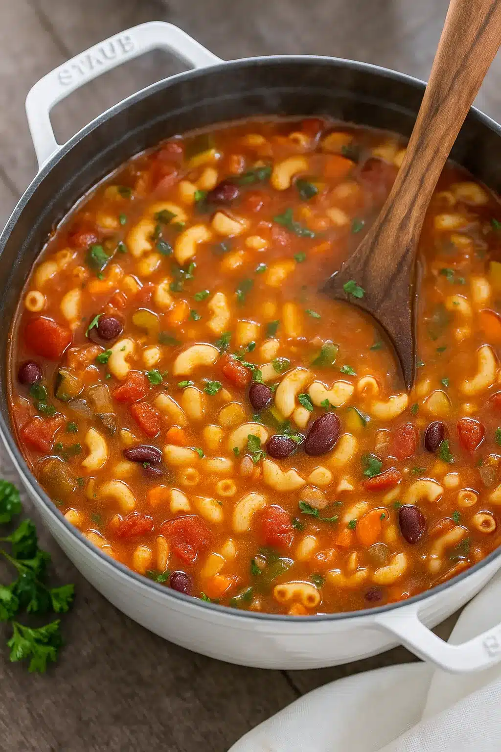 Homemade minestrone soup in a pot with vegetables, pasta, and beans
