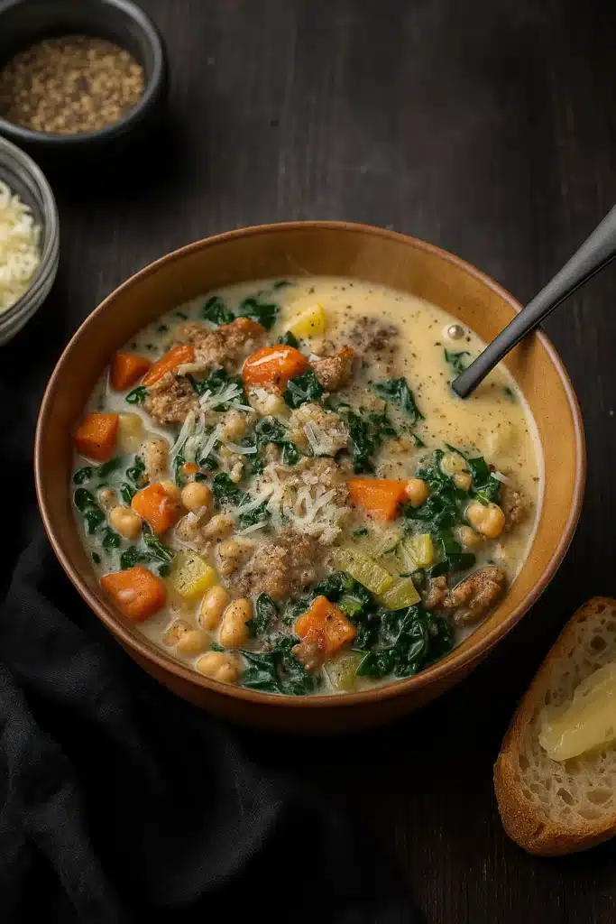 Italian Sausage and White Bean Soup | Delicious & Comforting 7 Rustic bowl of creamy Italian sausage and white bean soup with kale and Parmesan