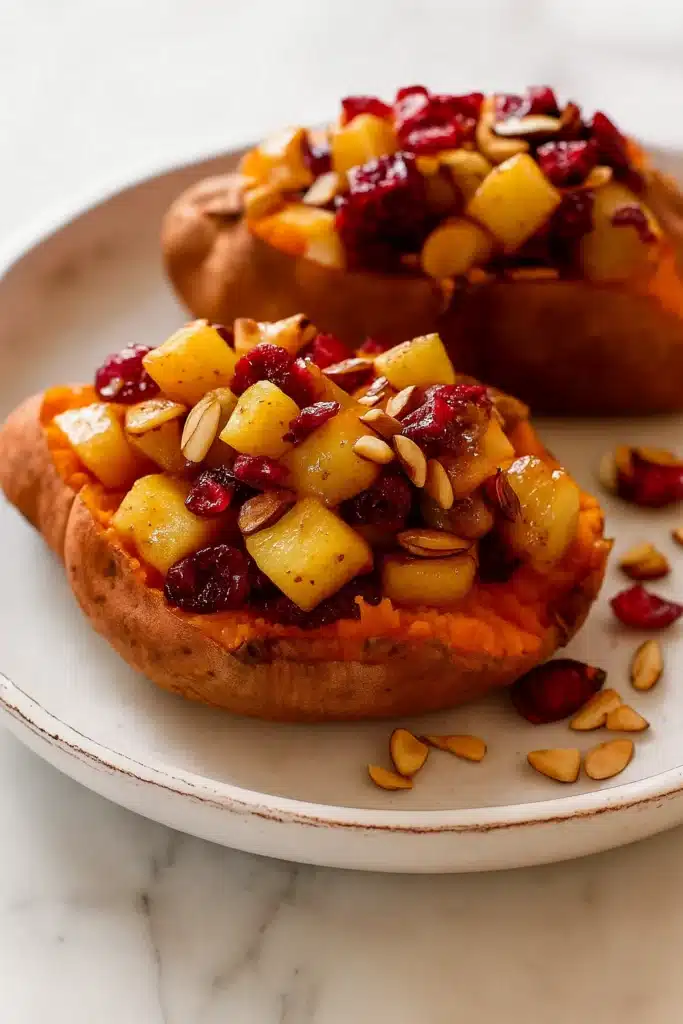 Cranberry Apple Twice-Baked Sweet Potatoes | Irresistible Holiday Side 1 Cranberry Apple Twice-Baked Sweet Potatoes with almond topping, served on a neutral plate.