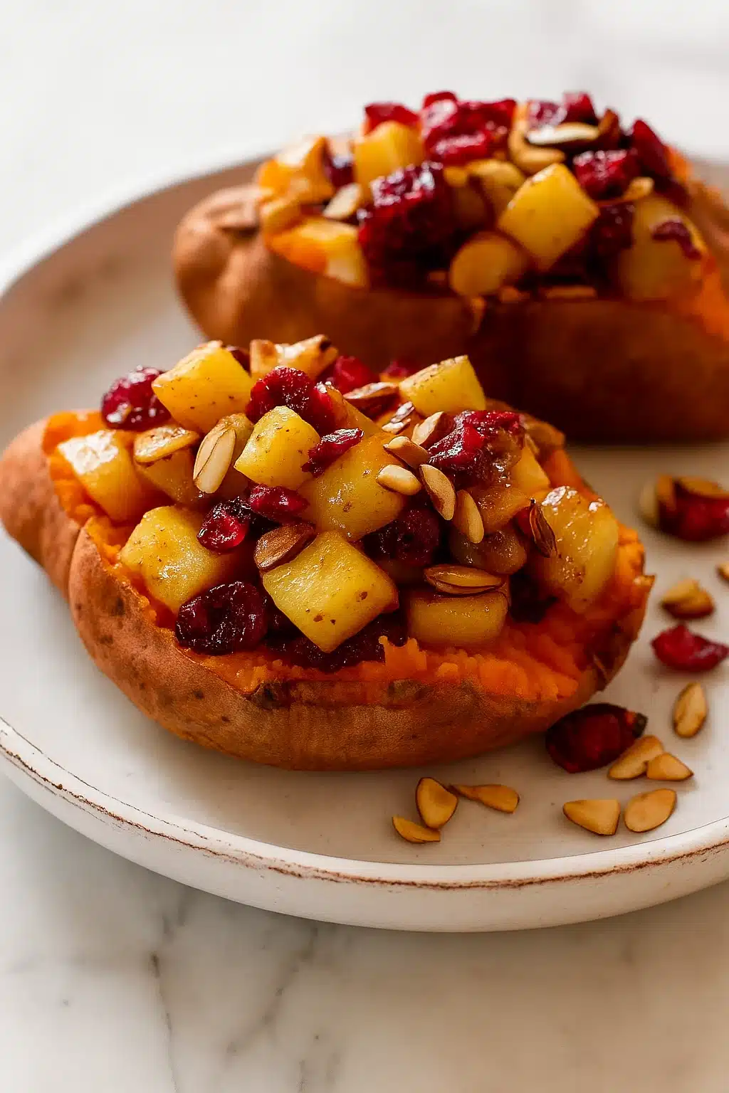 Cranberry Apple Twice-Baked Sweet Potatoes with almond topping, served on a neutral plate.