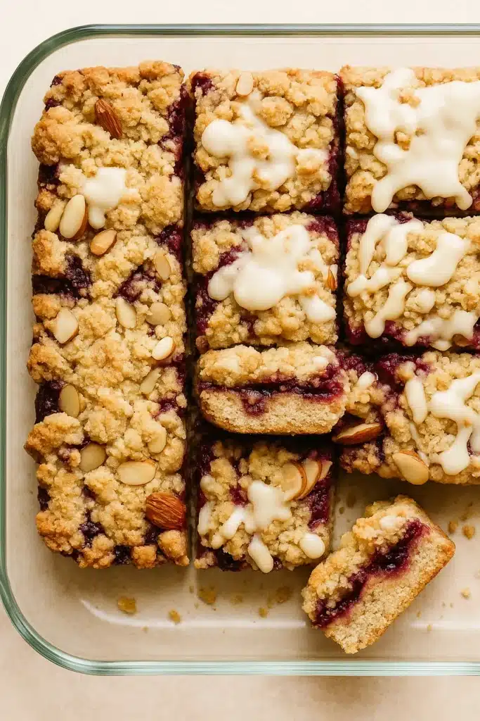 Cranberry Bars Recipe – Amazing Holiday Dessert Magic 7 Cranberry Bars in glass pan with almond crumble and icing