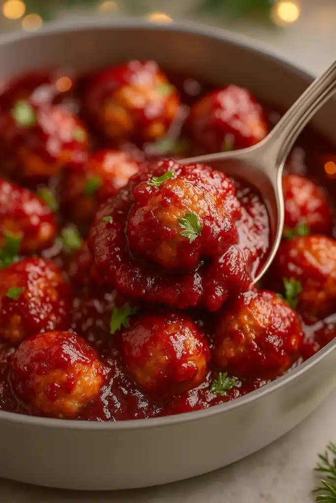 Cranberry Meatballs Recipe – Sweet, Quick & Festive Favorite 11 Cranberry meatballs in glossy red sauce lifted with a spoon