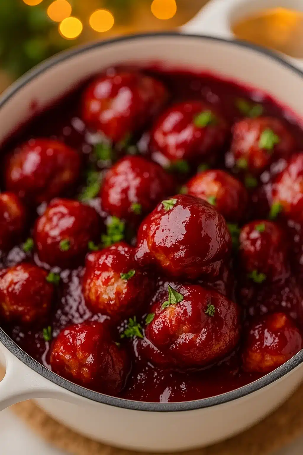 Cranberry meatballs coated in glossy red sauce with parsley garnish