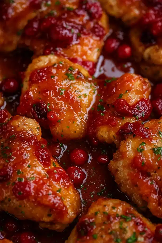 Cranberry Orange Chicken | Quick & Amazing Holiday Recipe 11 Close-up of cranberry orange chicken with glossy sauce and cranberries