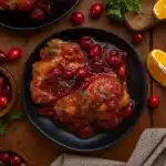 Cranberry Orange Chicken | Quick & Amazing Holiday Recipe 15 Cranberry orange chicken on black plates with glossy sauce and fresh herbs